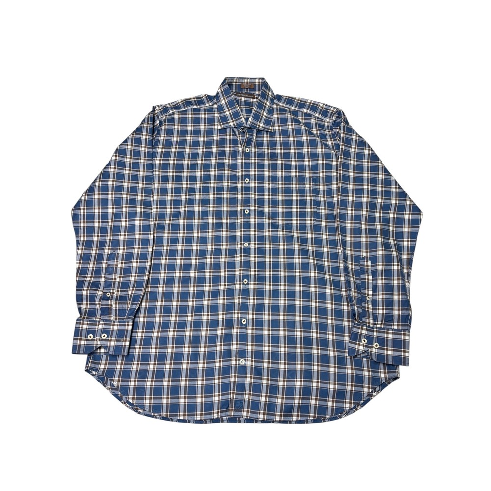 Peter Millar Mens Extra Large Plaid Button Down Shirt 100 Cotton‎ Blue Brown